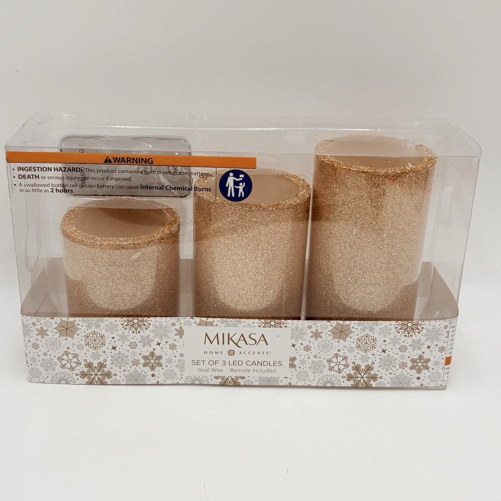 Mikasa Gold Glitter Flameless LED Pillar Candles Set of 3 Real Wax Remote New